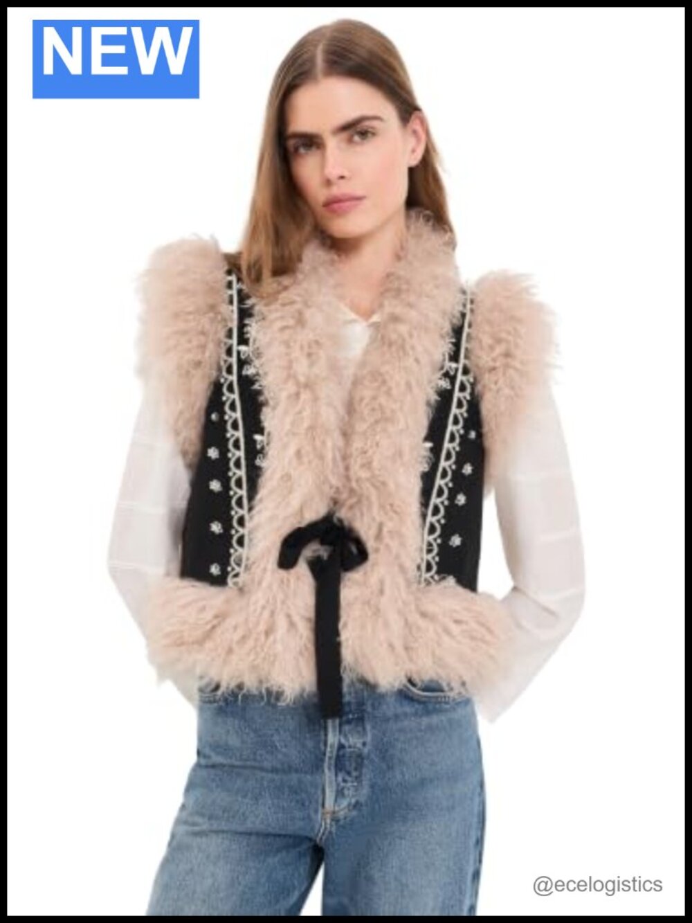 Cropped Tie Front Embellished Fur Mixed Media Vest